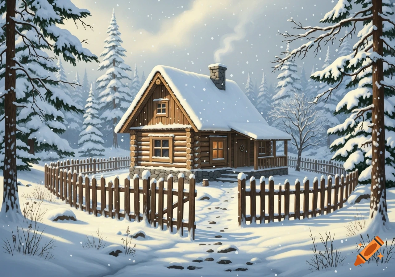 A cozy snow-covered log cabin with a smoking chimney and a wooden fence, surrounded by a winter forest with falling snow.