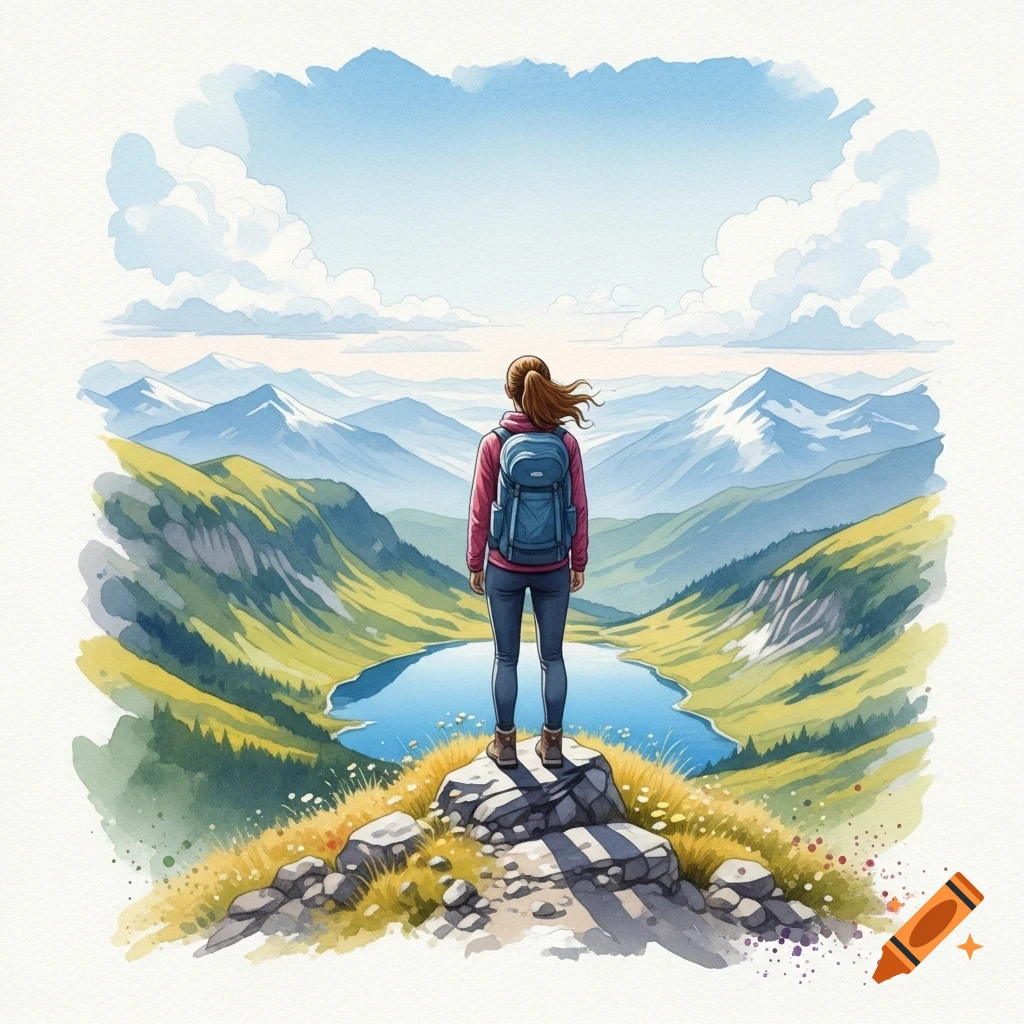 A woman with a backpack stands on a mountain top, gazing at a serene lake nestled among snowy peaks, in a watercolor style.