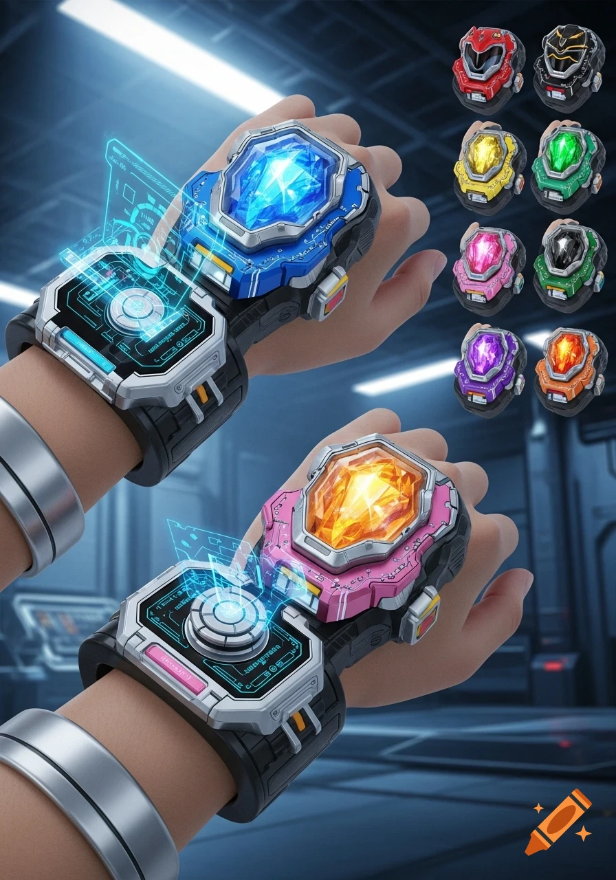 Two hands wear futuristic Power Ranger-style wrist morphers with glowing blue and orange crystals and holographic interfaces. Eight other crystal modules are shown.