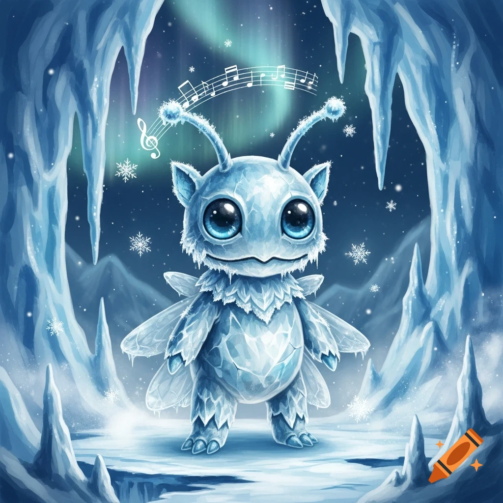 A cute, blue ice creature with large eyes and small wings stands in an icy cave with musical notes, northern lights, and snowflakes.
