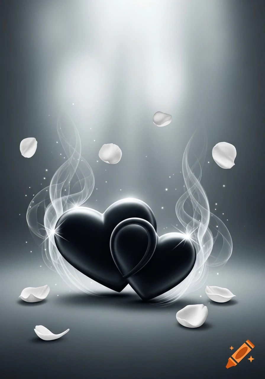 Two shiny black hearts surrounded by ethereal smoke, sparkles, and white petals on a grayscale background.