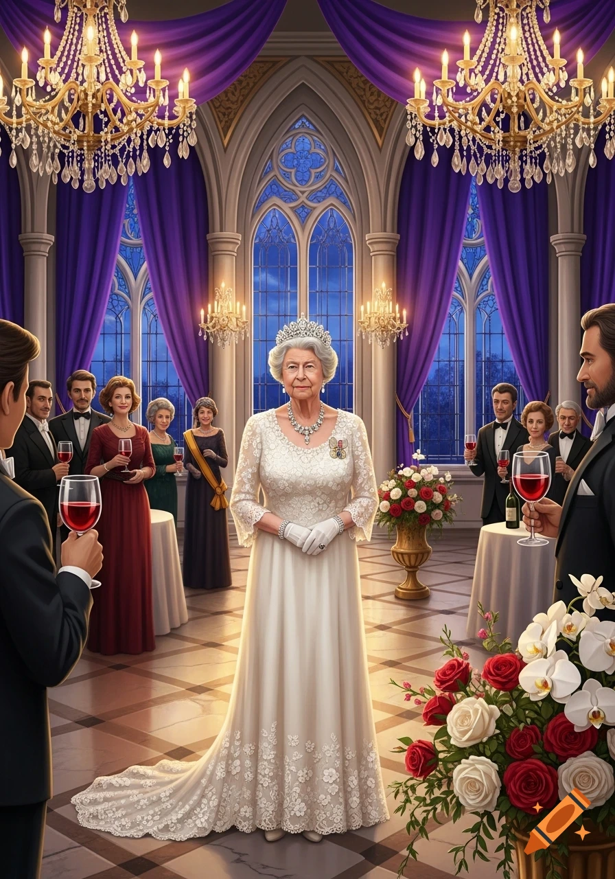 A queen in a white lace gown and tiara stands in a grand hall with purple curtains, chandeliers, and guests holding wine glasses.