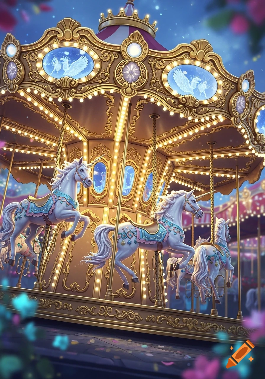 Ornate golden carousel with three white unicorns at an amusement park under a starry sky.
