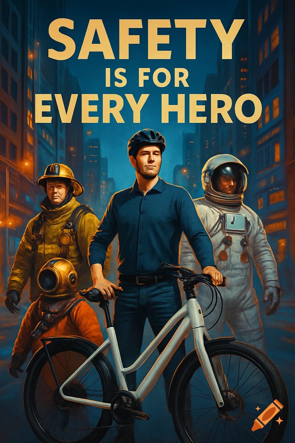 Stylized poster of a cyclist in a helmet with an electric bike, flanked by a firefighter, diver, and astronaut, under the slogan 'SAFETY IS FOR EVERY HERO' in a city at night.