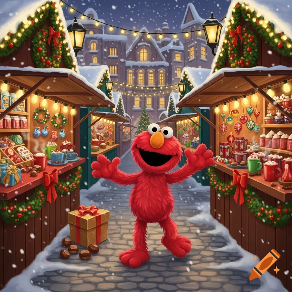 Elmo smiles with open arms in a snowy, vibrant Christmas market with decorated stalls, gifts, and twinkling lights.