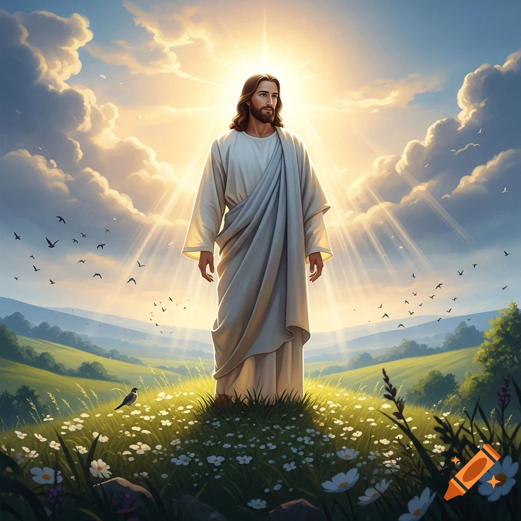 Jesus standing on a grassy hill with white flowers, bathed in bright sunlight with birds flying in a blue sky.