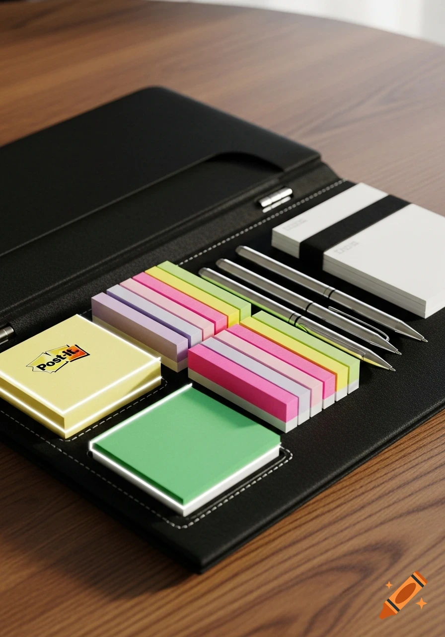 An open black organizer case on a wooden table, containing a yellow Post-it pad, colorful sticky notes, pens, and white note cards.