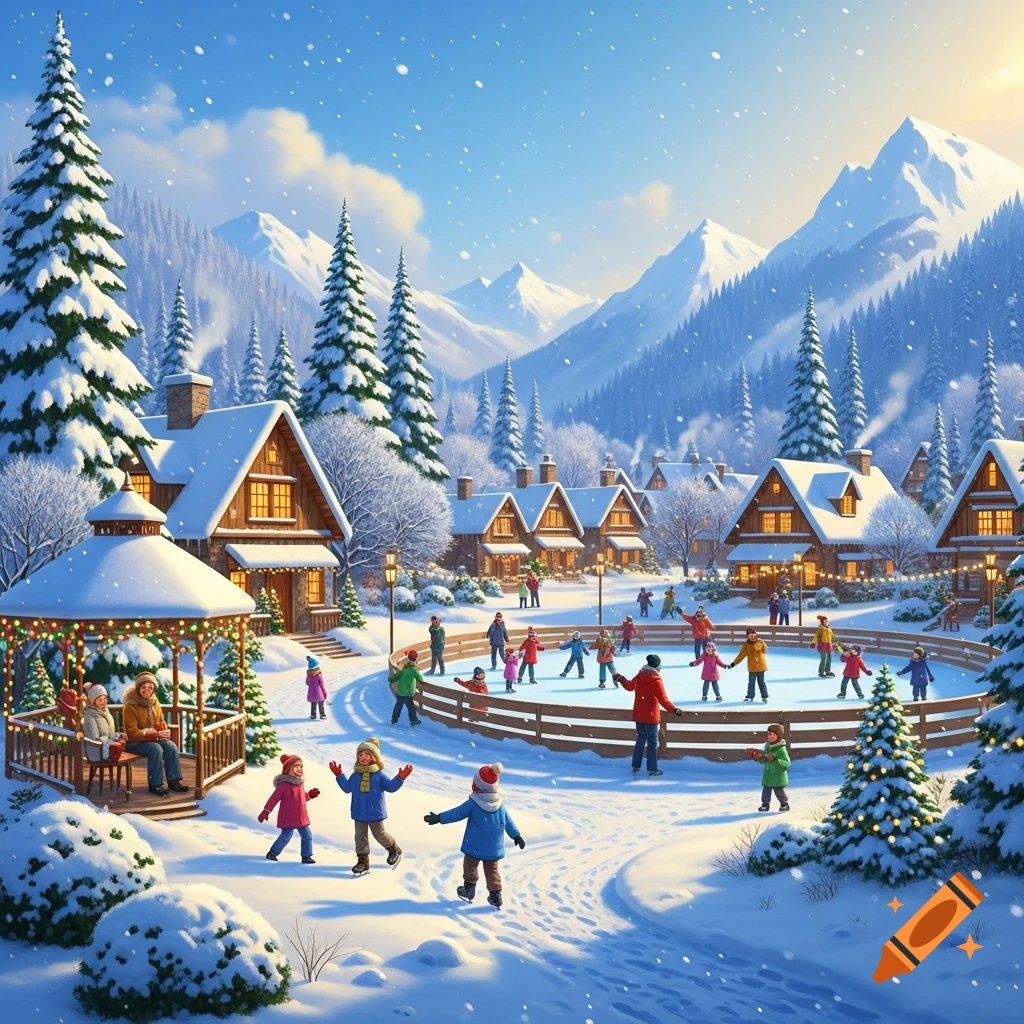 A vibrant snowy winter village with people ice skating on a large outdoor rink, surrounded by festive cabins and pine trees.