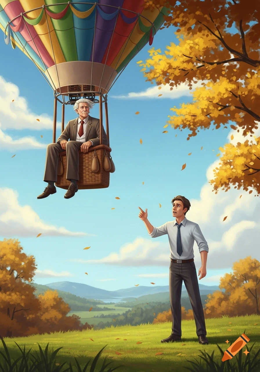 An older man in a colorful hot air balloon floats above a younger man pointing up in a vibrant autumn landscape.