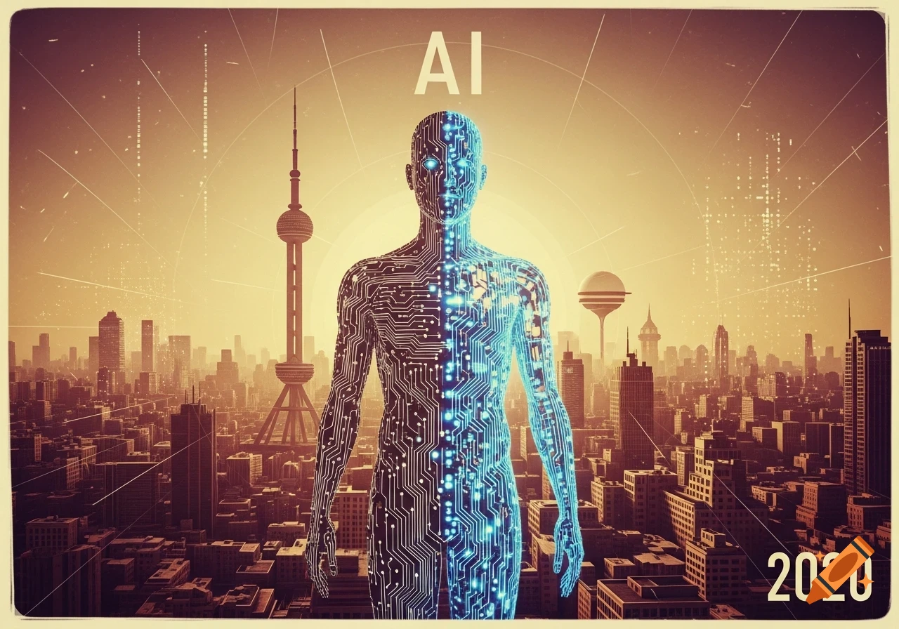 A circuit board human figure stands over a retro-futuristic cityscape, with 'AI' and '2020' text, in a vintage style.