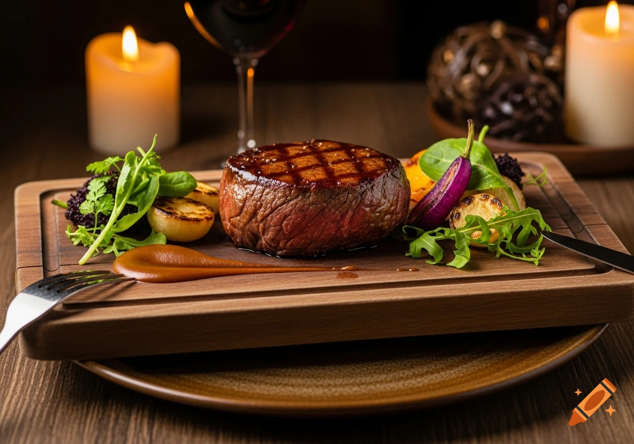 Photorealistic grilled steak dinner with vegetables and sauce on a wooden board, ambient candlelit setting.