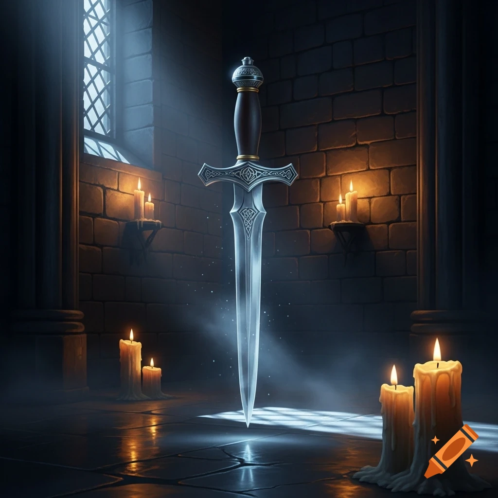 A glowing, ornate sword stands upright in a dark, stone-walled chamber illuminated by candlelight and light from a gothic window.