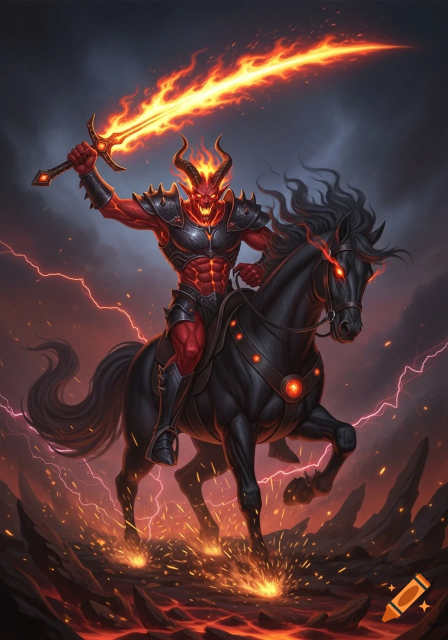 A red demon in armor with a flaming sword rides a black horse through a fiery, lightning-struck landscape, illustration.
