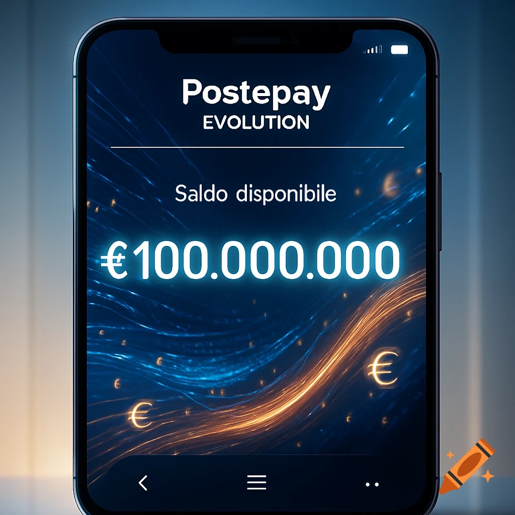 A smartphone screen displays a Postepay banking app showing an available balance of \u20ac100,000,000 with a glowing blue and gold background.
