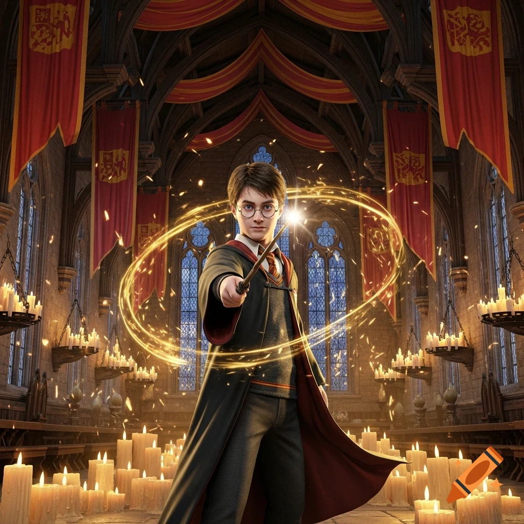 Harry Potter casts a spell with his glowing wand, surrounded by golden magic in a grand candlelit hall.