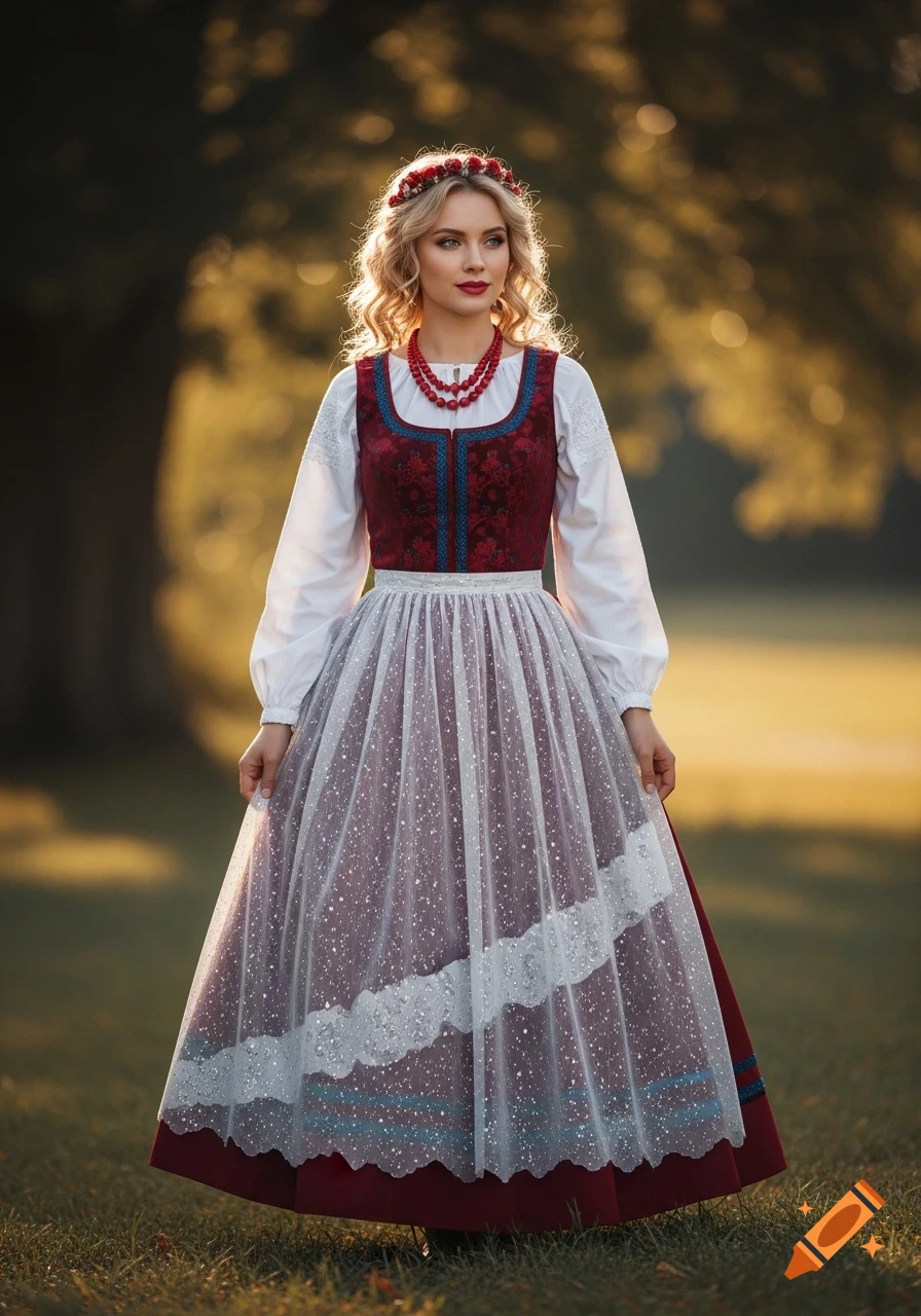 A blonde woman in a red and white traditional dress with a flower crown and red necklace stands in a sunny field.
