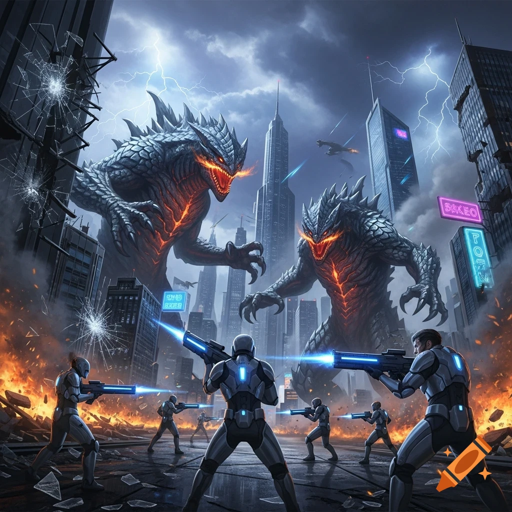 Giant, glowing kaiju monsters attack a futuristic city while armored soldiers fire laser weapons, with lightning striking in the stormy sky.