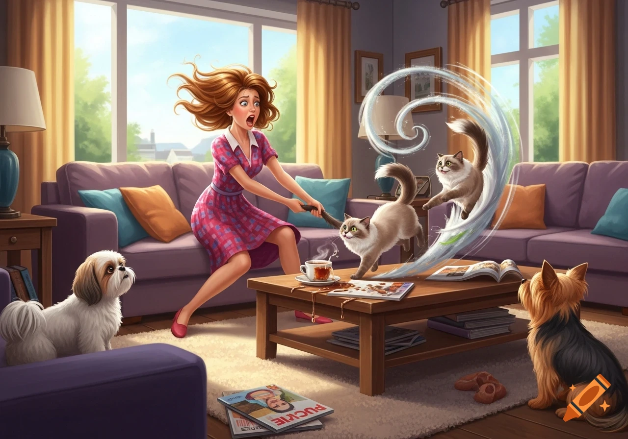 A cartoon woman with wide eyes holds a cat's tail as two cats are flung in a swirling motion above a coffee table. Two dogs watch in a messy living room.