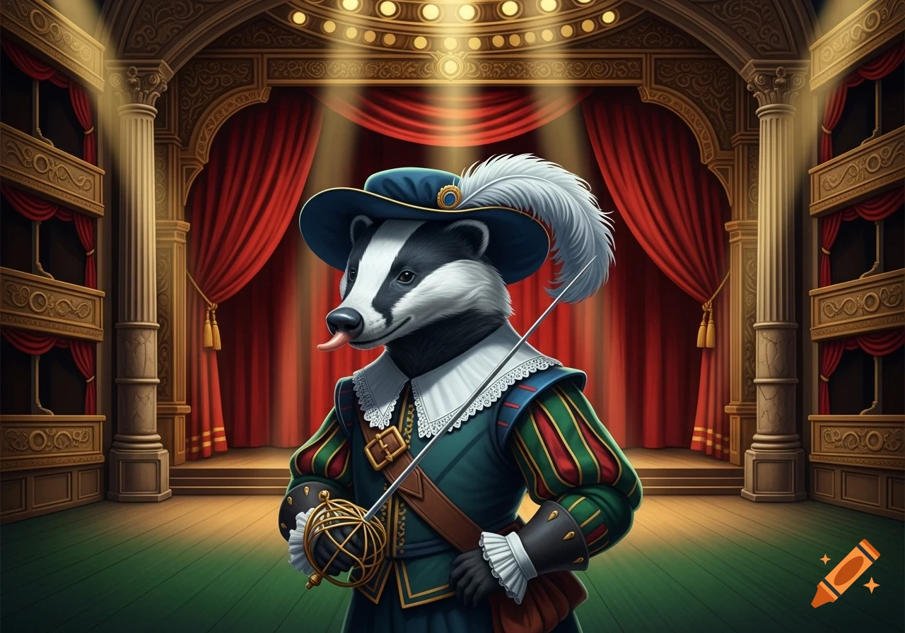 An anthropomorphic badger in a feathered hat, ruff, and green and red renaissance clothing holds a rapier on a grand theater stage with red curtains.