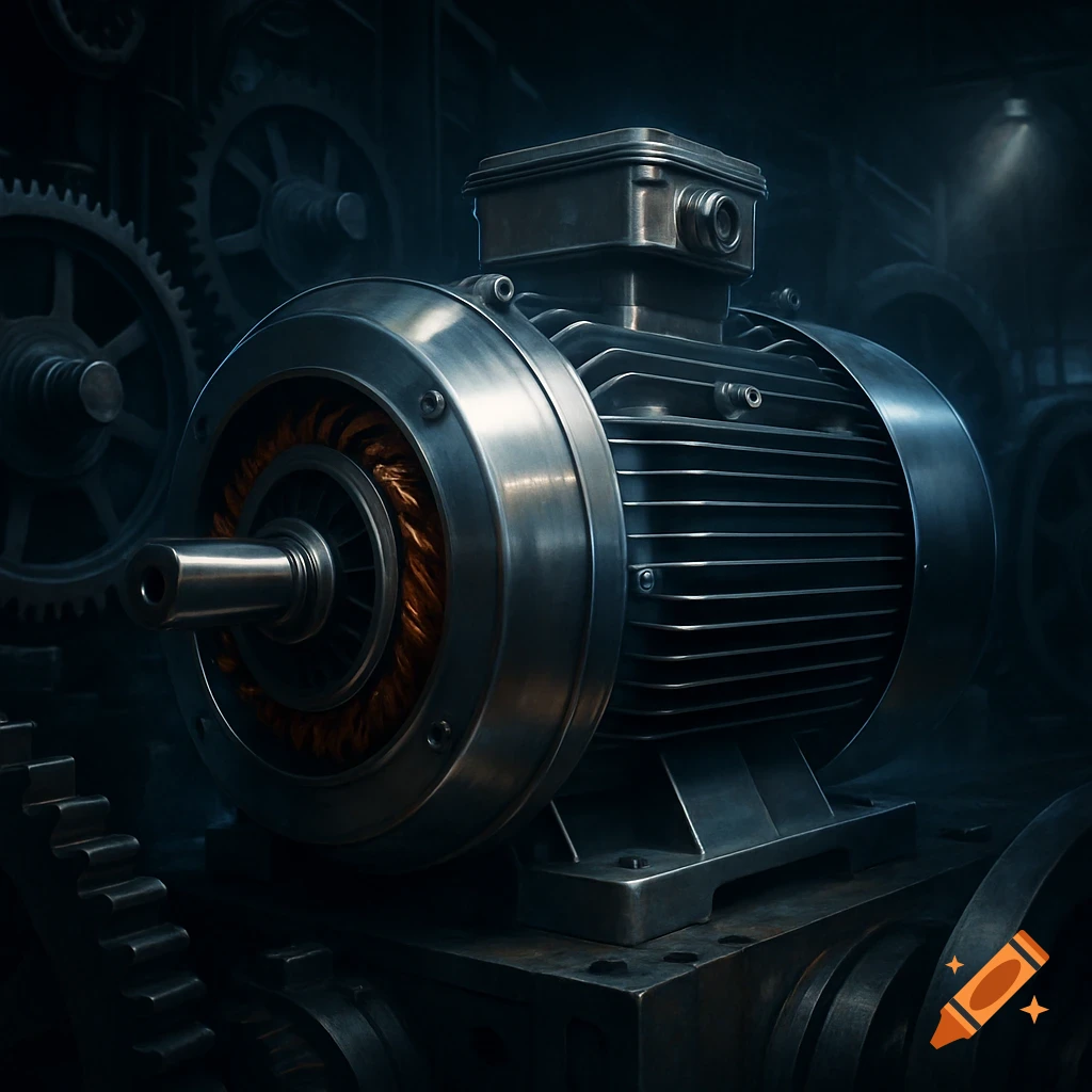 A detailed close-up of a metallic electric motor with visible copper windings, set against a dark, industrial background with large gears.