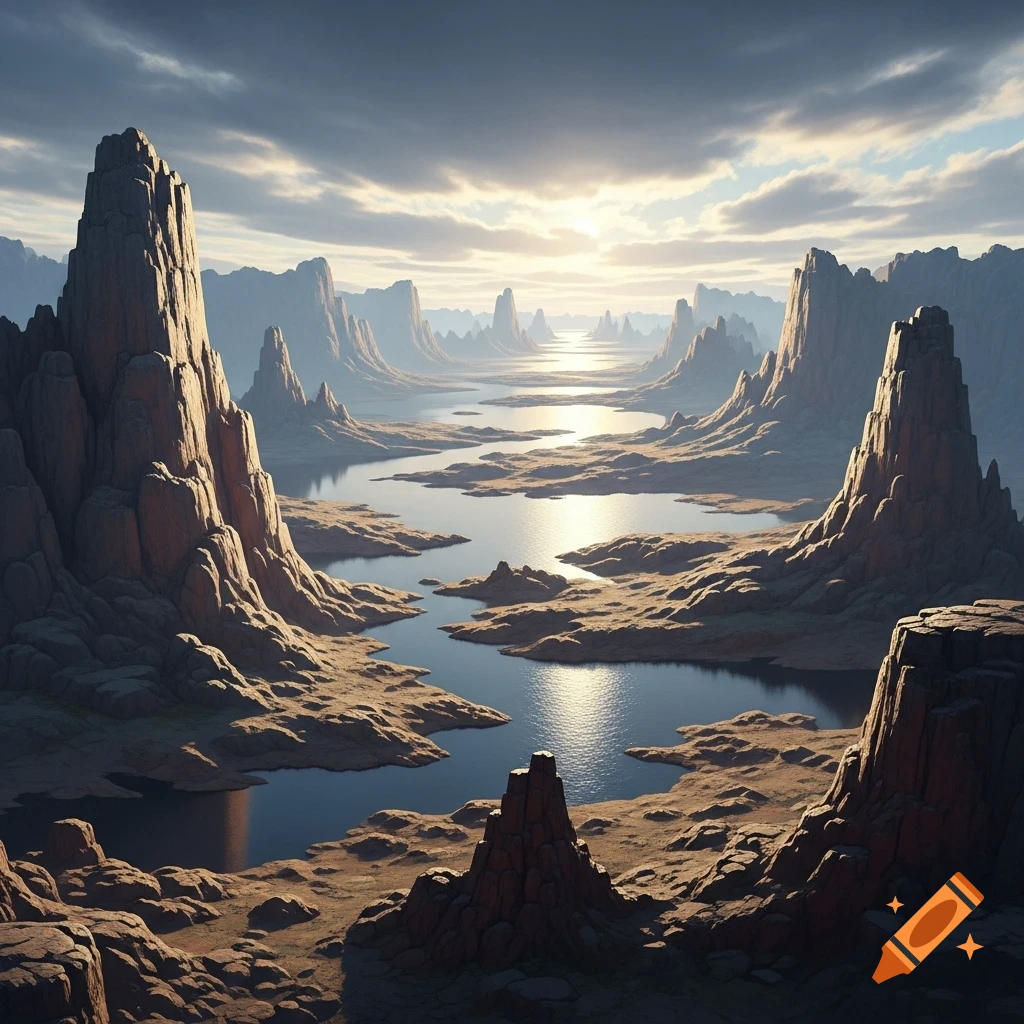 Dramatic canyon landscape with towering rock formations and a winding river under a cloudy, bright sky.