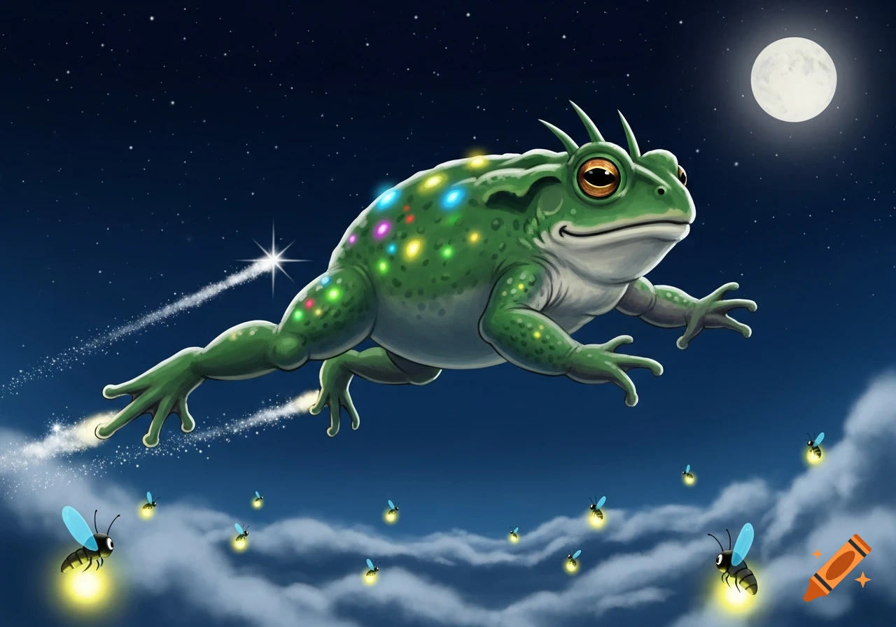 A green frog, lit with colorful lights, flies through a starry night sky above clouds and fireflies, with a full moon.