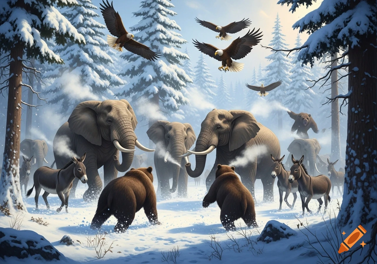A snowy forest scene with elephants, donkeys, and bears on the ground, and eagles flying overhead.