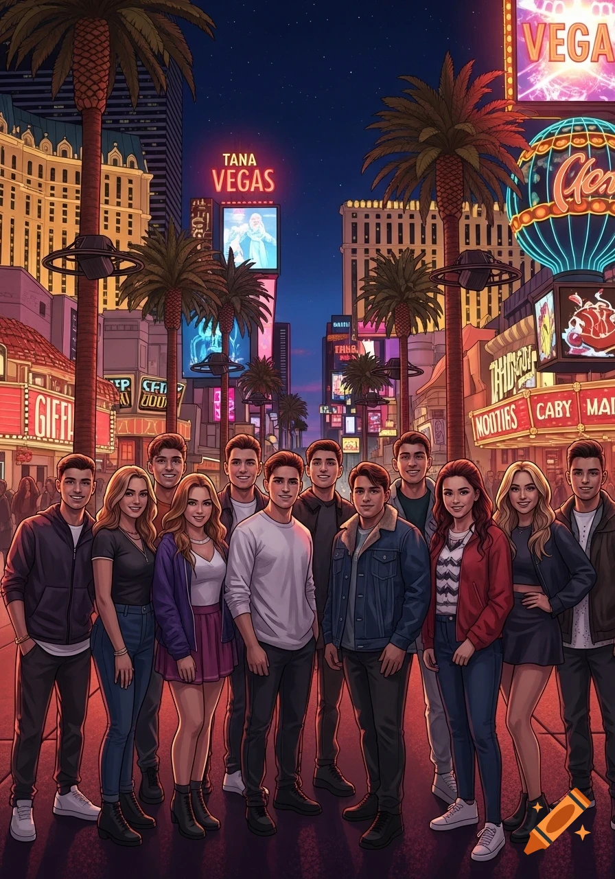 A stylized illustration of a group of young adults posing on a vibrant Las Vegas street at night, with neon signs and palm trees.
