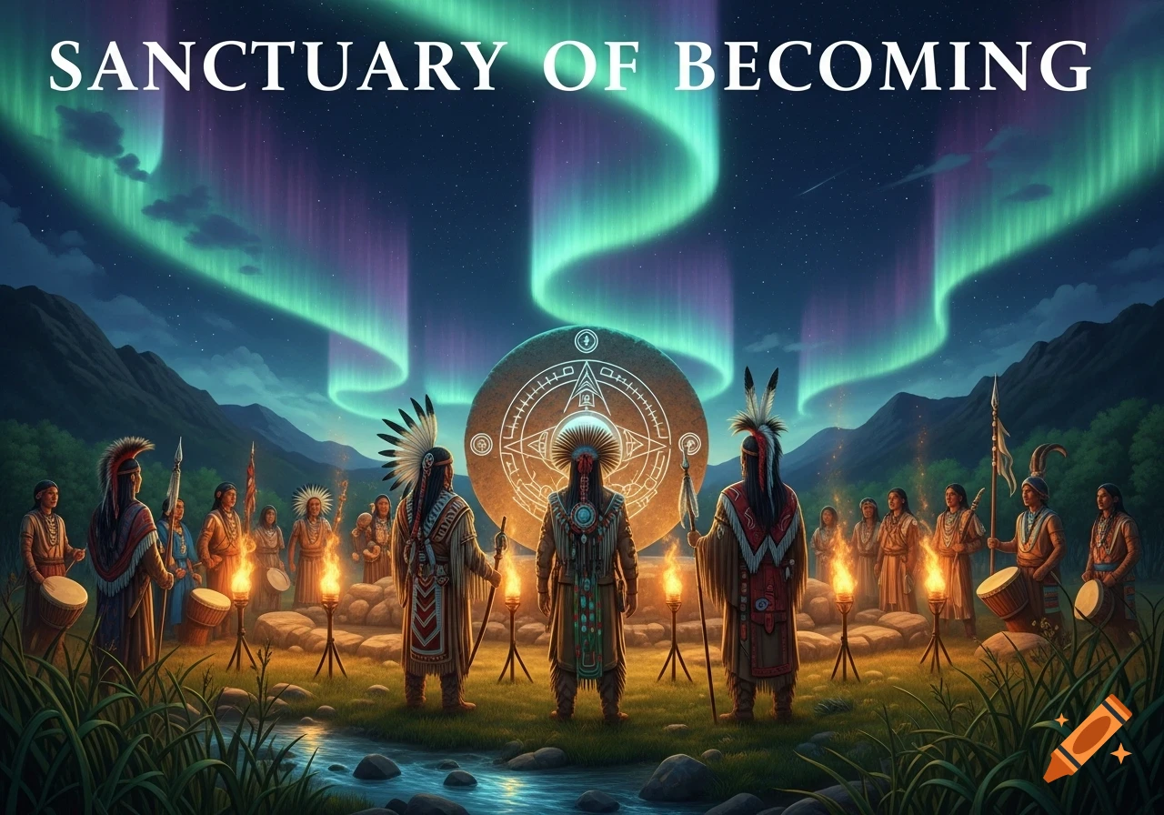 A group of Indigenous people in traditional attire gathered around fires under a vibrant aurora borealis, facing a large stone with symbols.