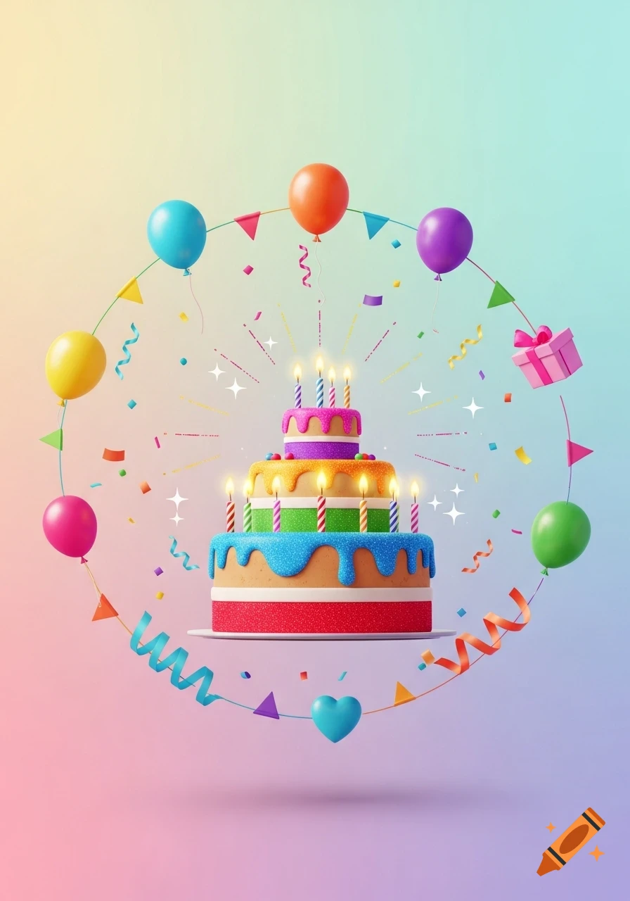 A vibrant tiered birthday cake with lit candles, encircled by colorful balloons, confetti, a pink gift box, and a blue heart on a gradient background.