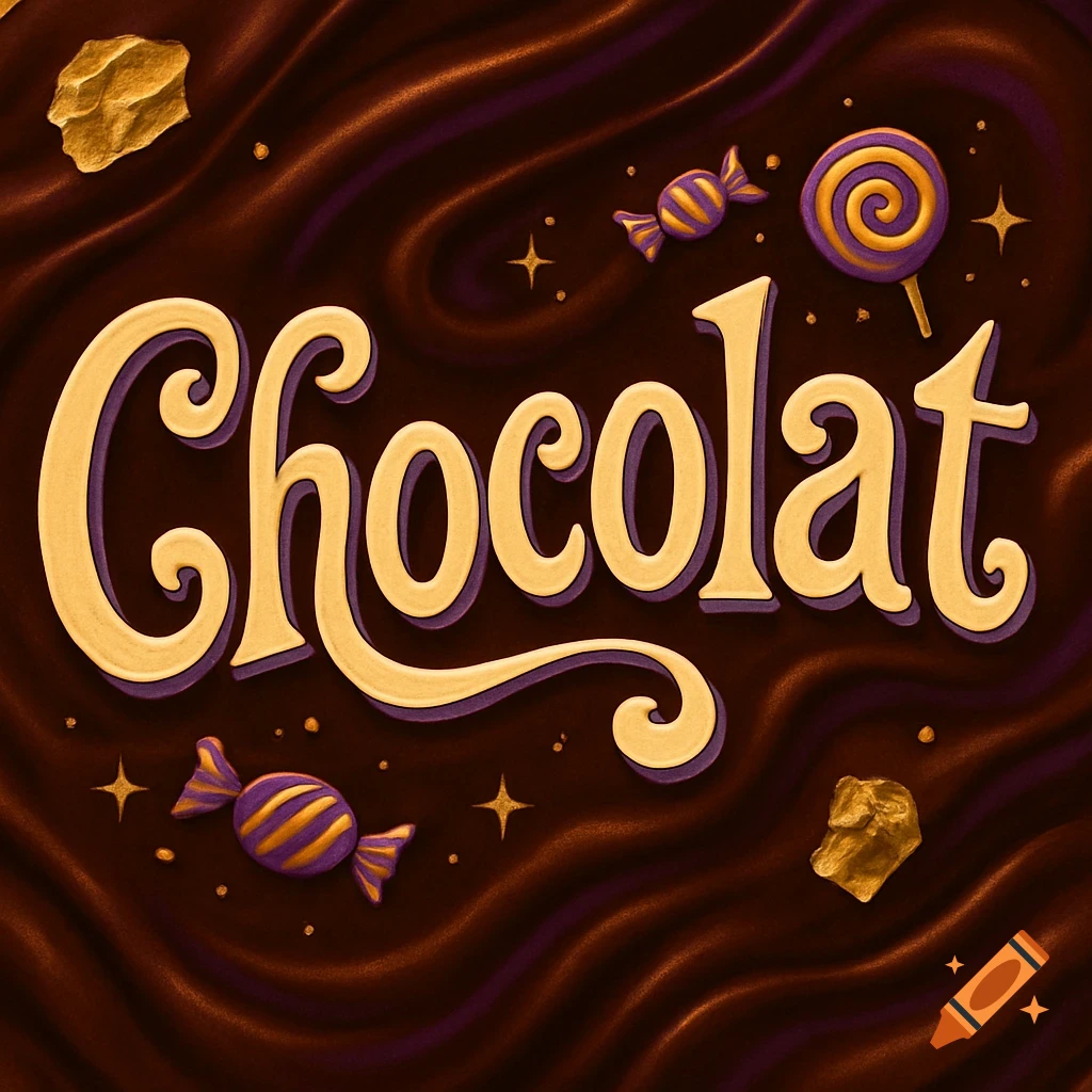 Stylized gold and purple 'Chocolat' text on a wavy chocolate background, with candies and a lollipop.
