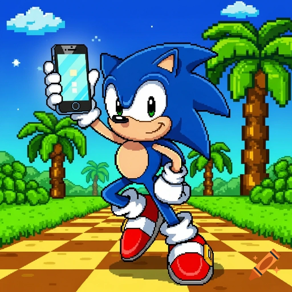 Pixel art Sonic the Hedgehog holds a smartphone, walking on a checkerboard path in a green landscape with palm trees.