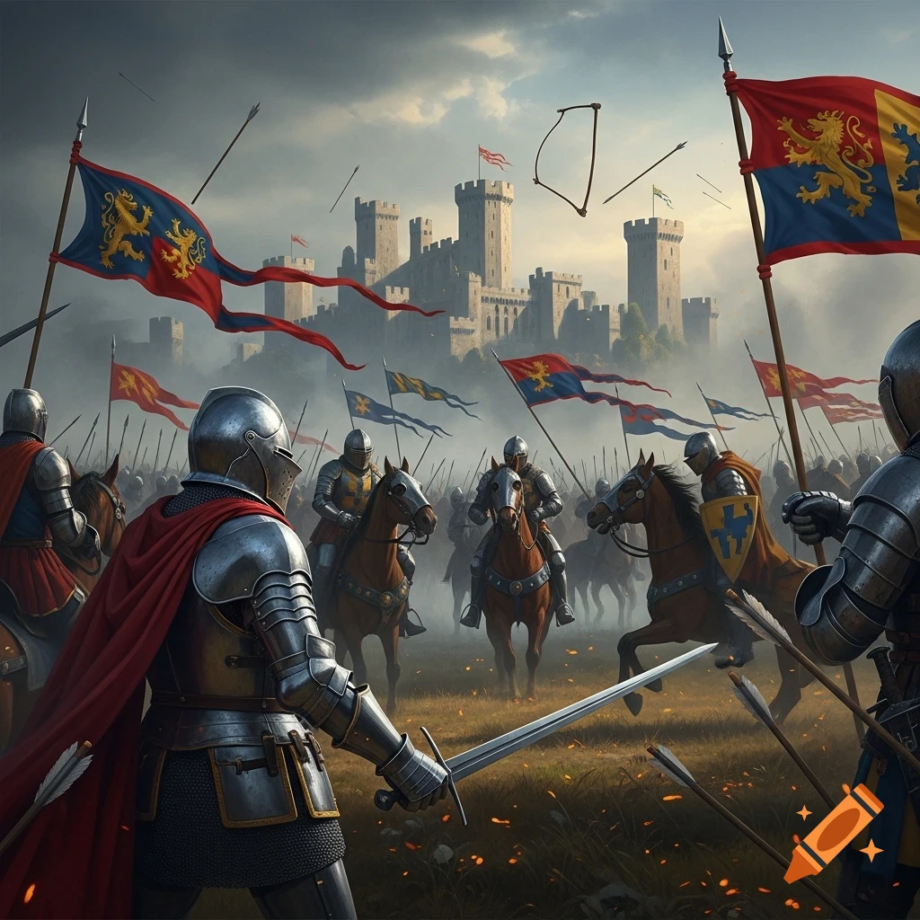 Knights on horseback prepare for battle in a field before a castle, flags flying and arrows mid-air, in a photorealistic style.