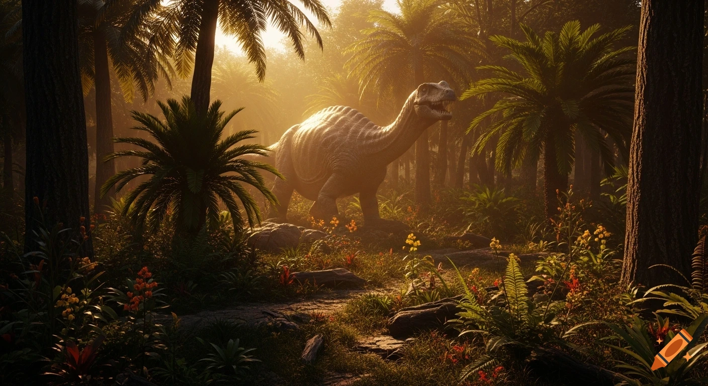 A large dinosaur stands on a path in a lush, sunlit prehistoric jungle with dense palm trees and vibrant foliage.