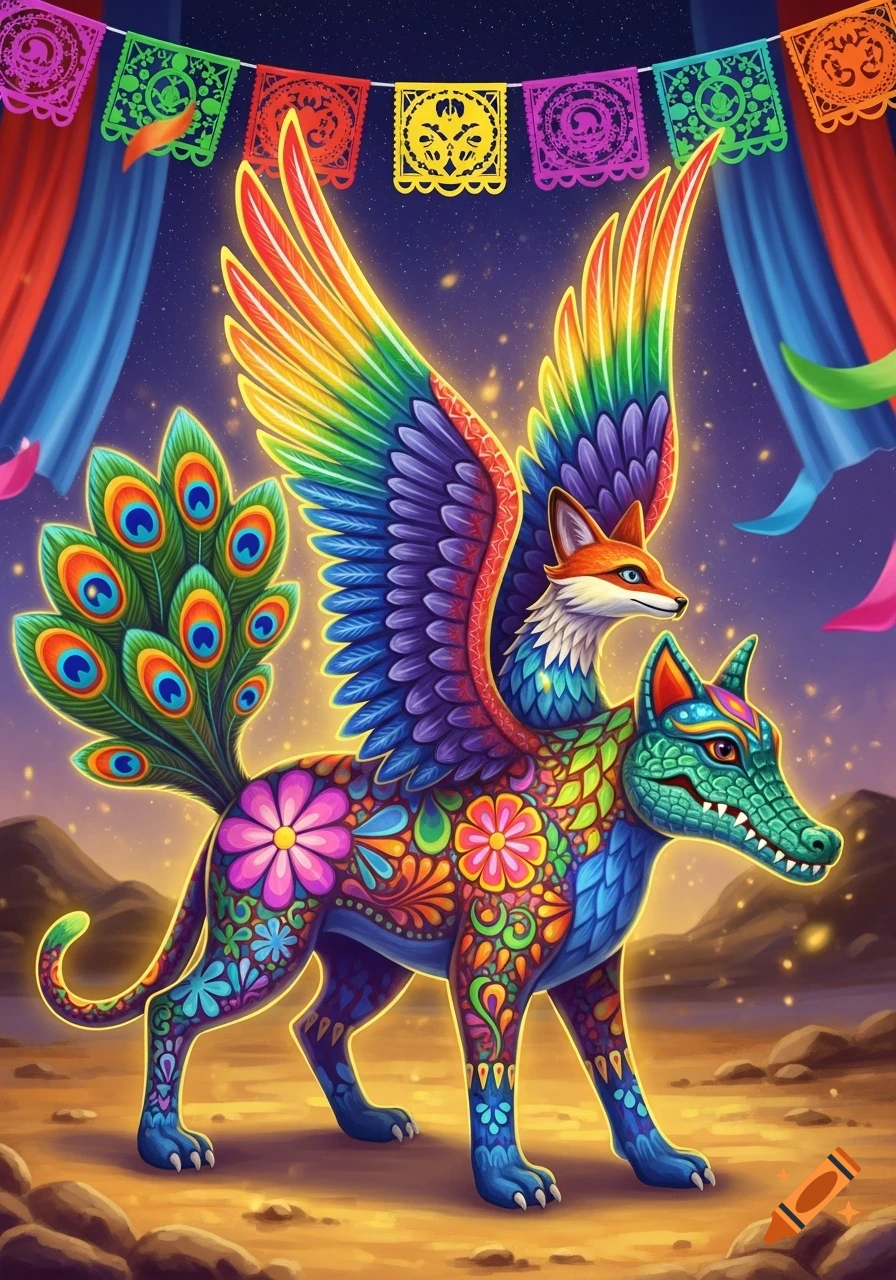 A vibrant, winged alebrije creature with a crocodile head, fox body, peacock tail, and colorful floral patterns under a starry sky.