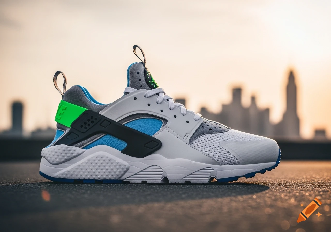 A white, blue, and black Nike Air Huarache Run Ultra sneaker on a dark surface with a blurred city skyline at sunset.