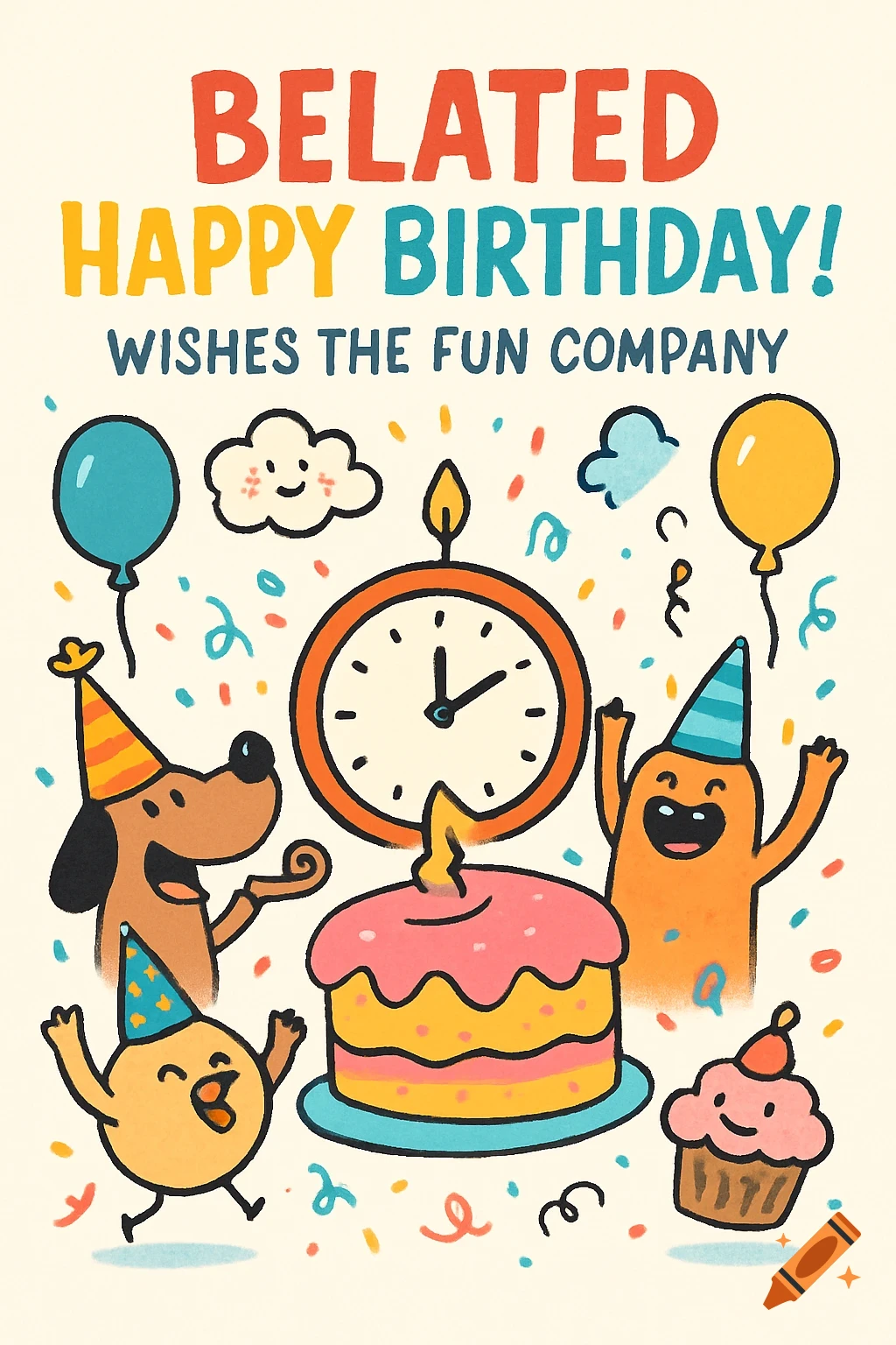 A cheerful cartoon birthday card with 'Belated Happy Birthday!' text, featuring a dog, monsters, cake, balloons, and confetti.