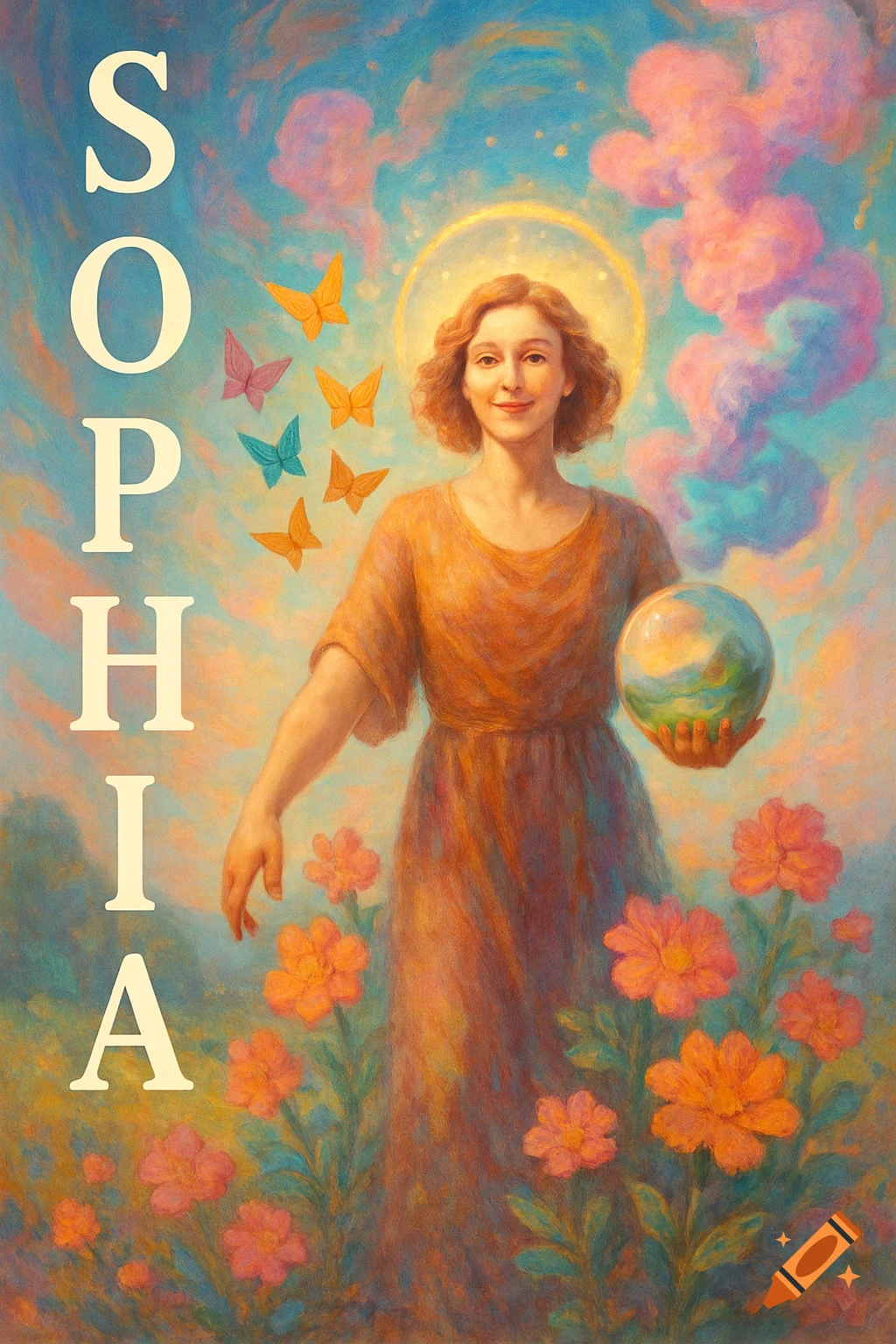 A woman with a halo holds a glowing orb, surrounded by colorful flowers and butterflies, with 'SOPHIA' written vertically on the left, in a painterly style.