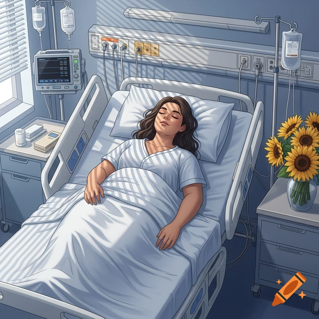 An illustration of a woman resting in a hospital bed with IVs, a monitor, and sunflowers, bathed in sunlight from a window.