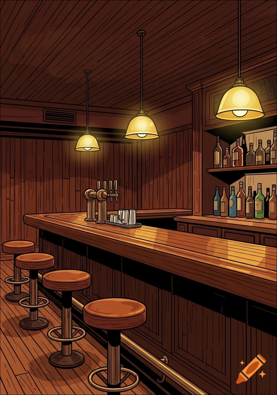 Comic-style illustration of an empty wooden bar interior with three pendant lights, a row of stools, and liquor bottles on shelves.