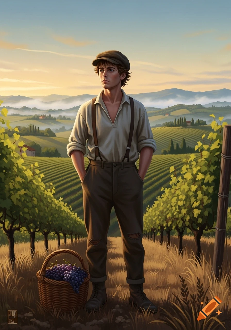 Illustration of a young man in a flat cap and suspenders standing in a sunlit vineyard, a basket of grapes nearby.