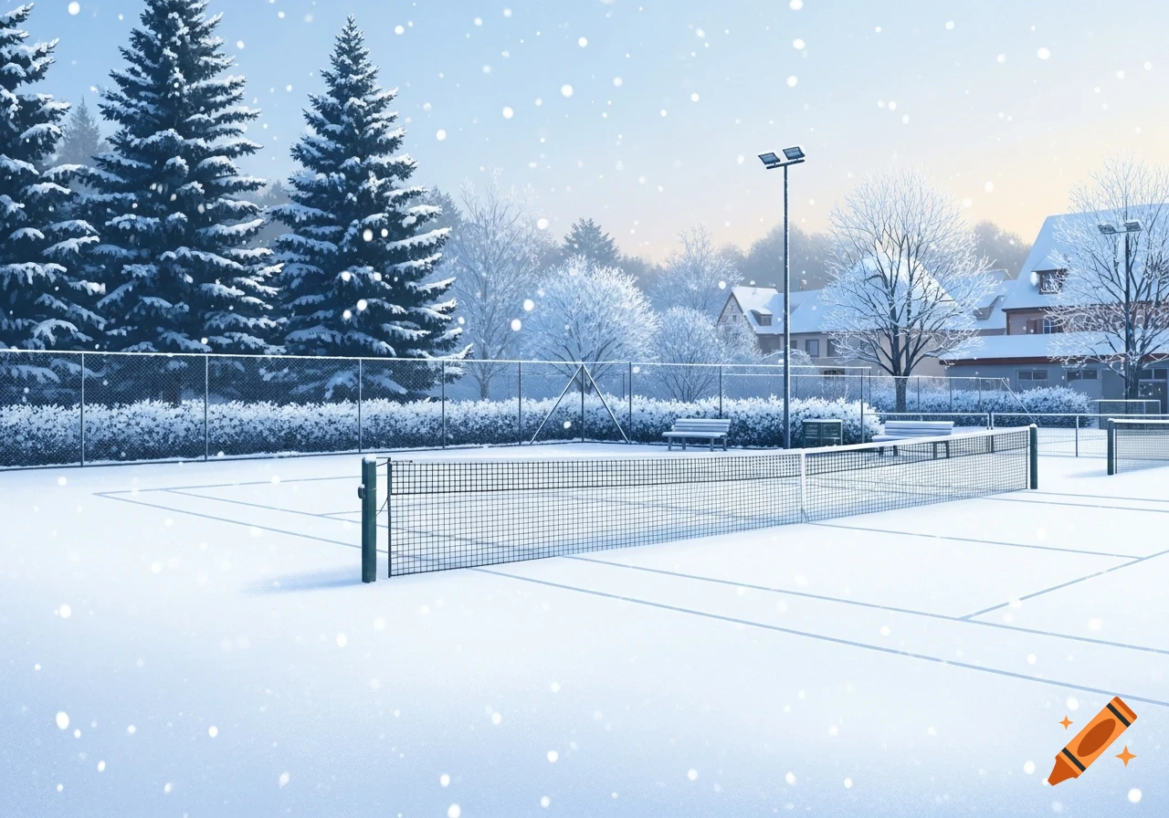 A snow-covered tennis court bordered by pine trees and distant houses under a serene winter sky with falling snow.
