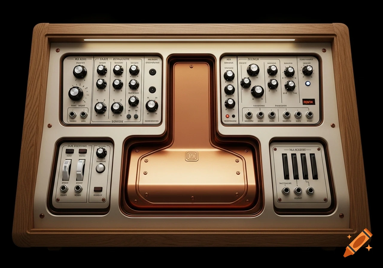 A detailed concept art of a retro-futuristic synthesizer with creme body panels, a polished copper faceplate, and an oak wood frame.