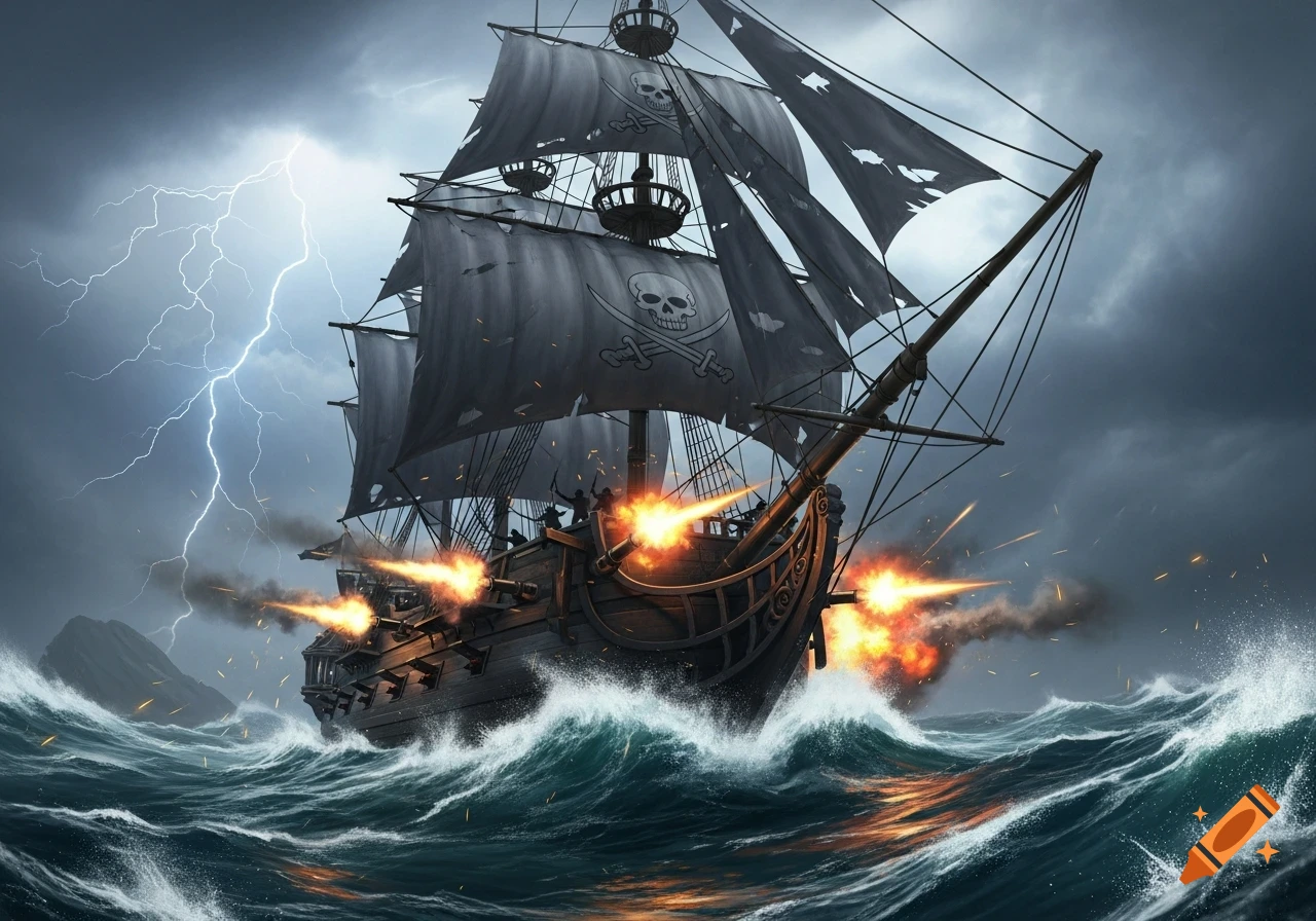A pirate ship with tattered sails adorned with skull and crossbones insignia fires cannons on a stormy, turbulent sea under lightning.