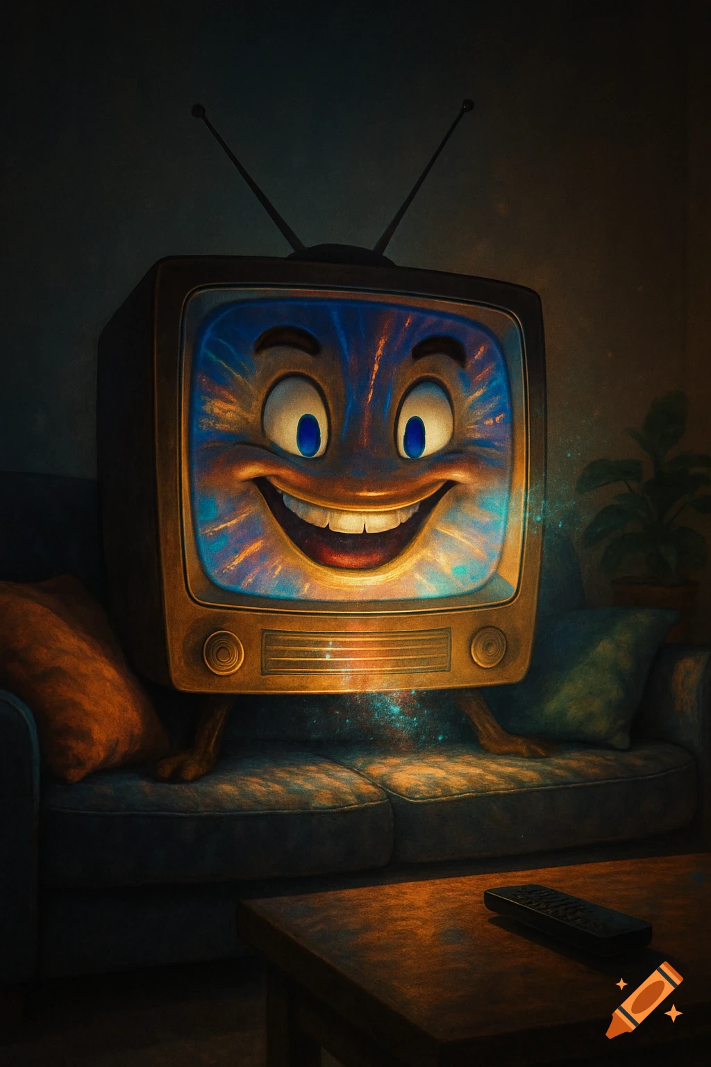 A smiling, glowing, anthropomorphic old television sits on a couch in a dark living room, with a remote on a coffee table.