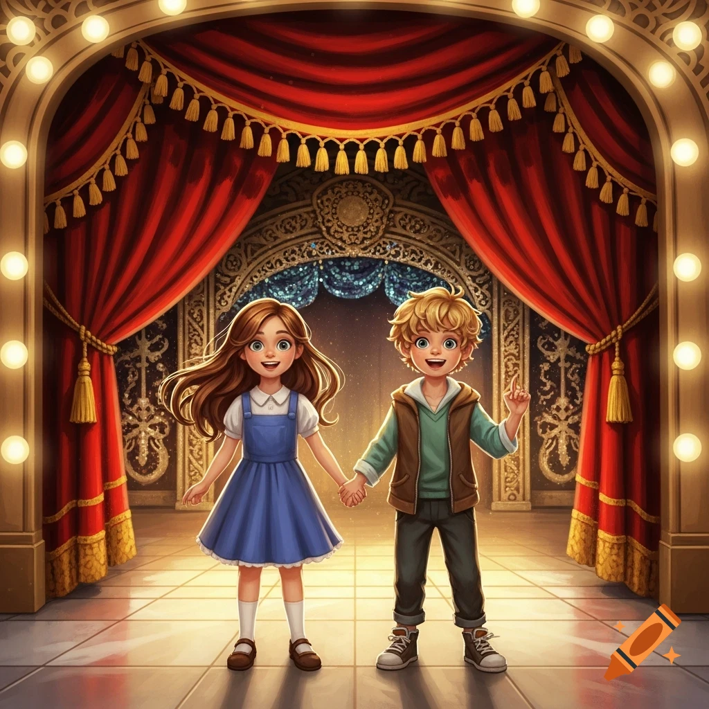 An illustration of a smiling boy and girl holding hands on a brightly lit theater stage with red curtains.