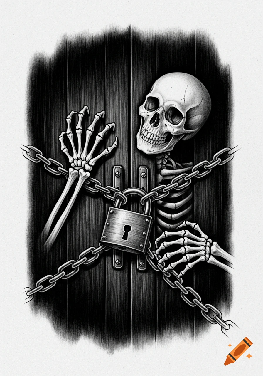A black and white pencil drawing of a skeleton with hands grasping a dark wooden door secured by heavy chains and a padlock.