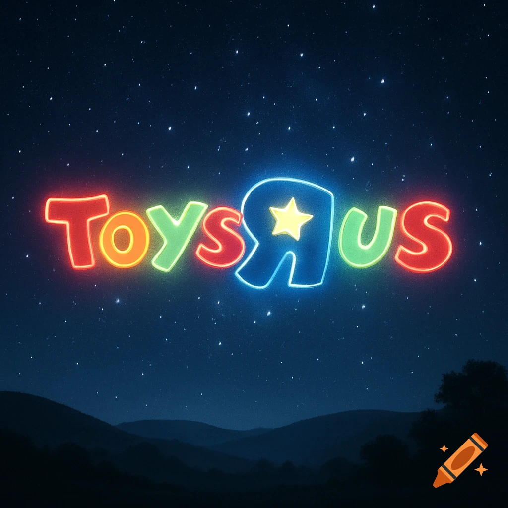 The colorful neon Toys R Us logo glows against a dark, star-filled night sky with silhouettes of rolling hills.