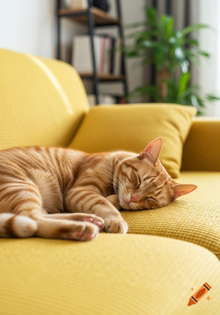 An orange tabby cat peacefully sleeps curled up on a bright yellow sofa, with a blurred bookshelf and plant in the background.