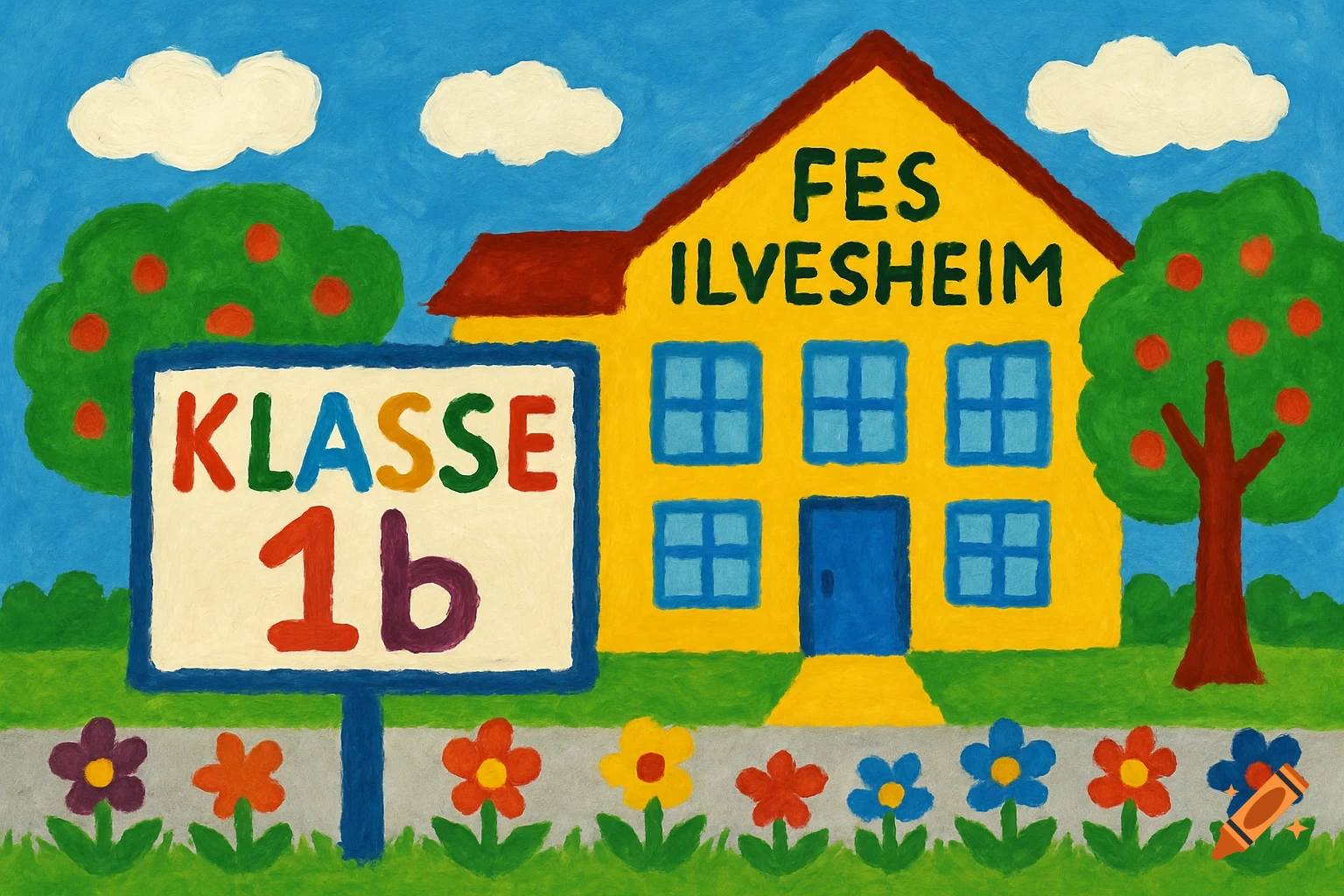 Childlike painting of a yellow school building with 'FES ILVESHEIM' text and a sign 'KLASSE 1b', surrounded by trees and flowers.